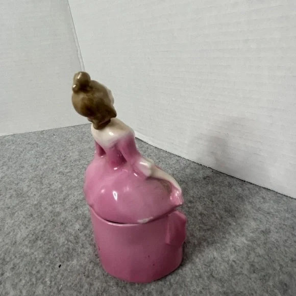 German Figural Porcelain Powder Box Erphilia Lady in Pink with Yellow Fan 3x5.5